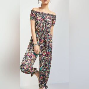 Anthropologie Black Floral Off The Shoulder Jumpsuit Size Medium